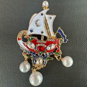 White and Red Enamel Ship with Pearls Brooch